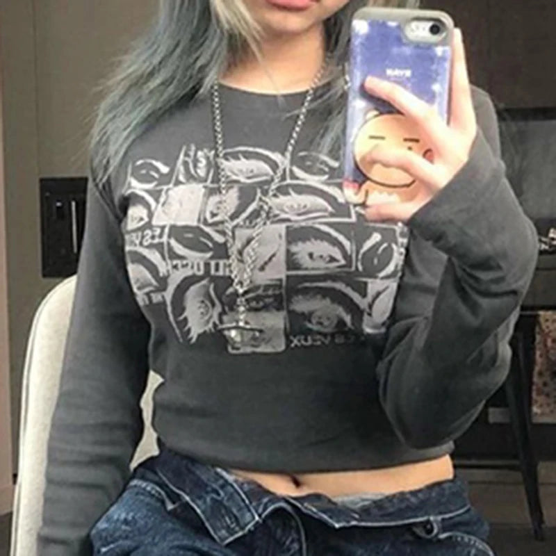 Women retro Eyes Print Tops Fairy Grunge Graphic Spring T Shirts Vintage Indie Aesthetic Clothes Cyber Y2k Slim Long Sleeve Top 2