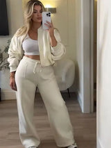 HH Women's Fall 2-Piece Retro Solid Color Zip Bomber Jacket Sweatshirt+High Waist Lace Up Women's Wide Leg Pants Street Wear 5