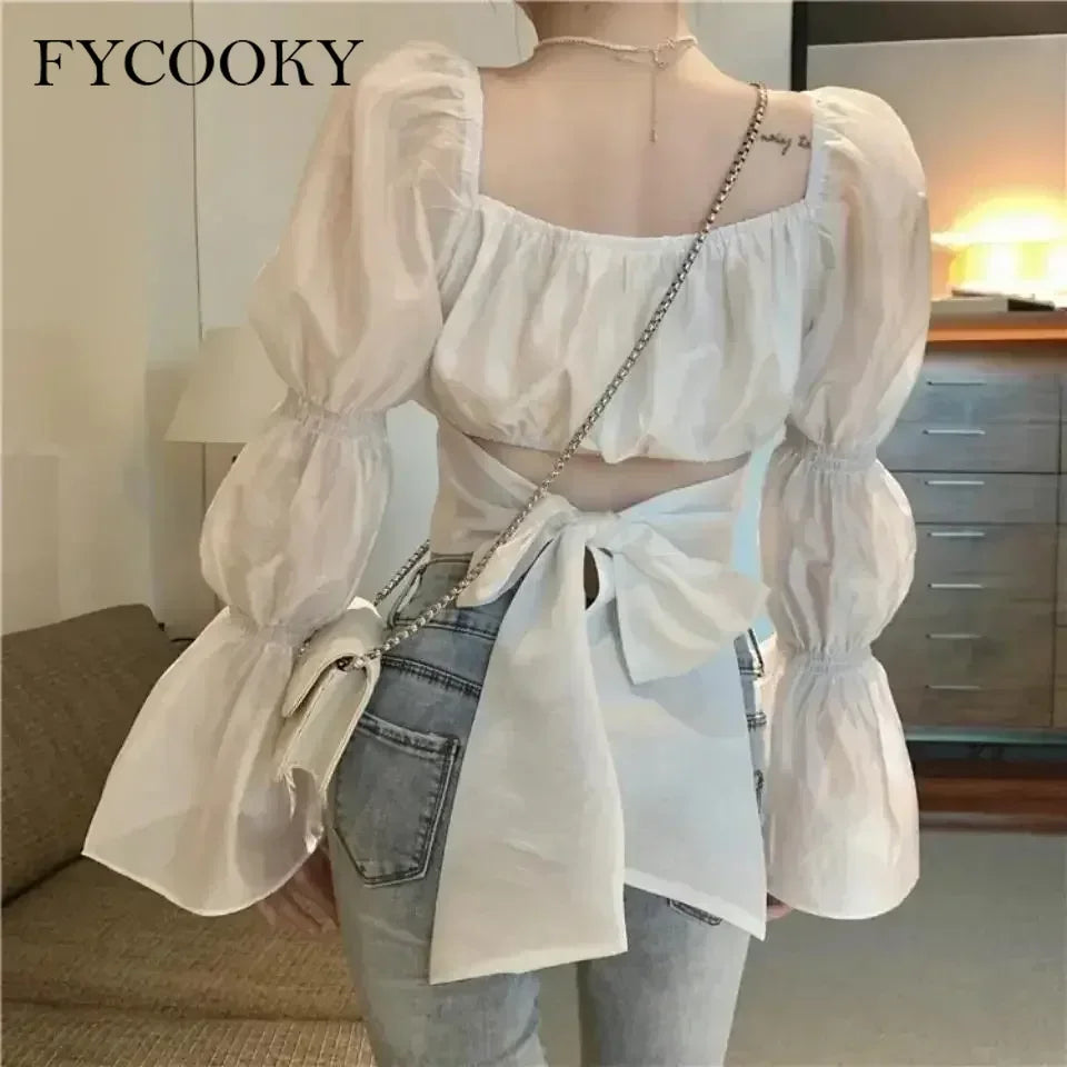 Back Puff Sleeve Shirts Women Autumn French Bow Bandage Blouses 2025 New Black Pink Square Neck Cropped Tops Female 2