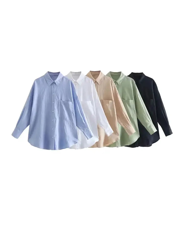 Women Fashion With Pocket Oversized Shirts Vintage Long Sleeve Button-up Female Blouses Blusas Chic Tops