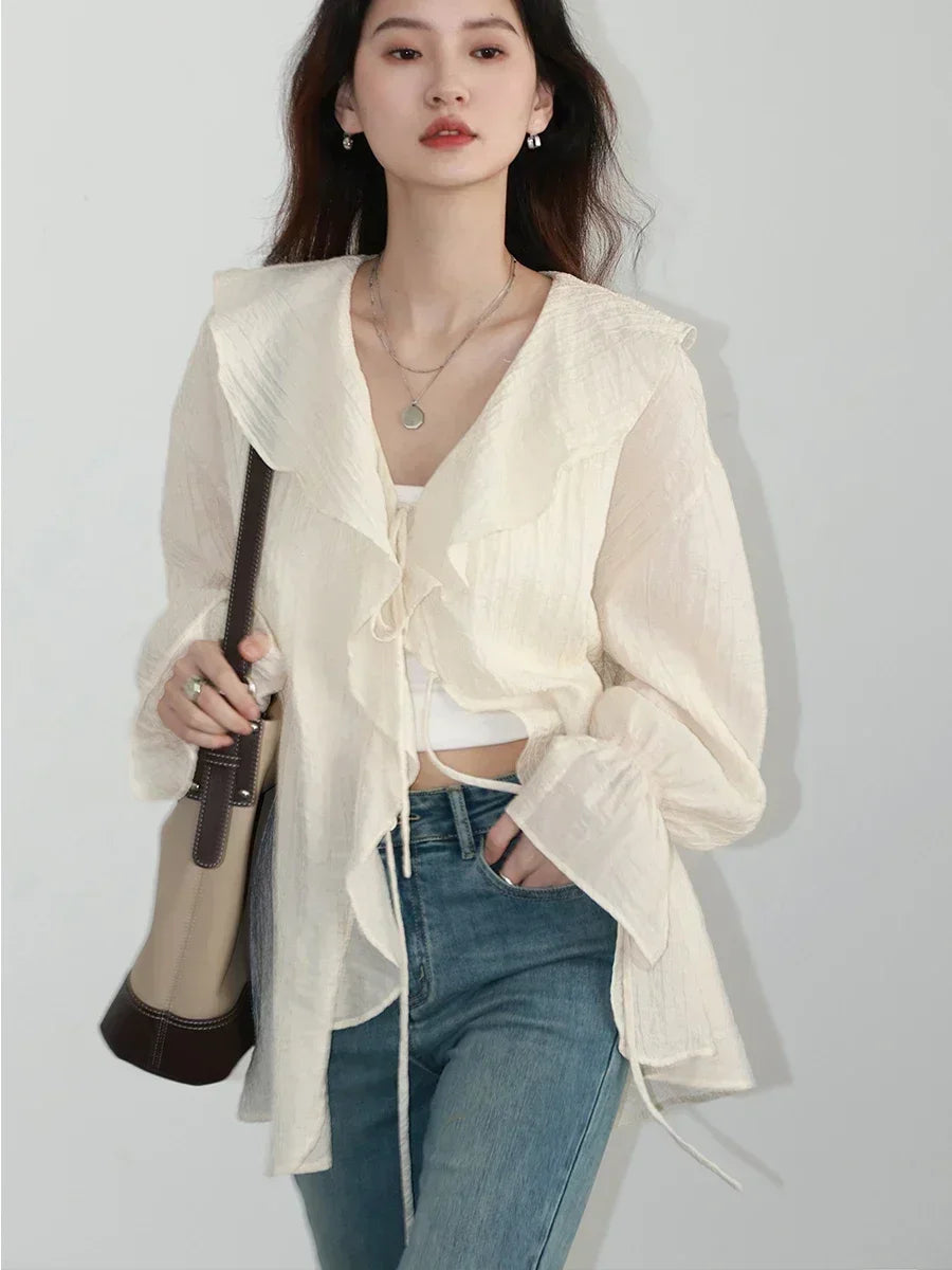 CHIC VEN Women Shirt Loose Casual Ruffled Edges Female Blouses V Neck Lace Up Mid Length Woman Shirts Spring Summer 2024 6