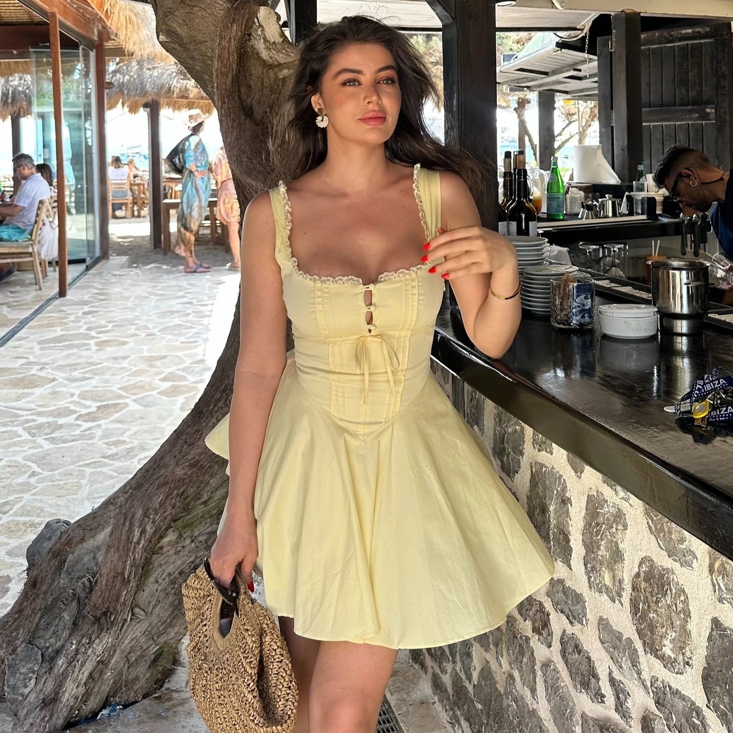 Summer Sunshine A-Line Dress | Yellow Elegant Lace-Up Party Midi