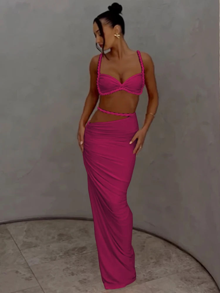 Chic Pleated Two-Piece Vacation Set: Crop Camisole & Maxi Skirt