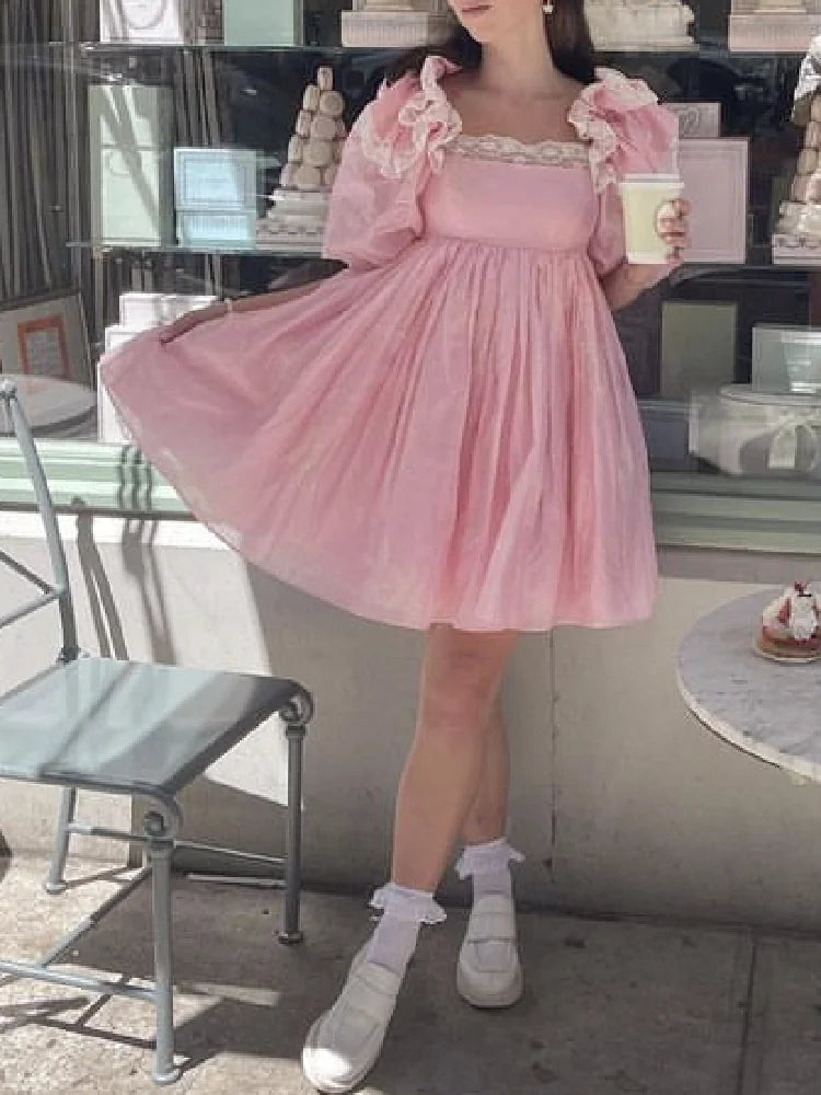 White Princess Ball Gown Dress Splice Lace Ruffles Shoulder Half Puff Sleeve Women Fairy Mini Robe Palace Pink 2