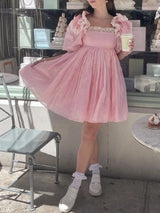 White Princess Ball Gown Dress Splice Lace Ruffles Shoulder Half Puff Sleeve Women Fairy Mini Robe Palace Pink 2