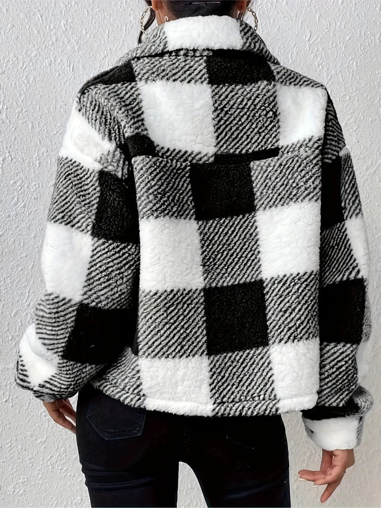 Autumn/winter Elegant Winter Coat Female Women's Urban New in Coat Plaid Pattern Lapel Button Fleece Women's Winter Coats 3