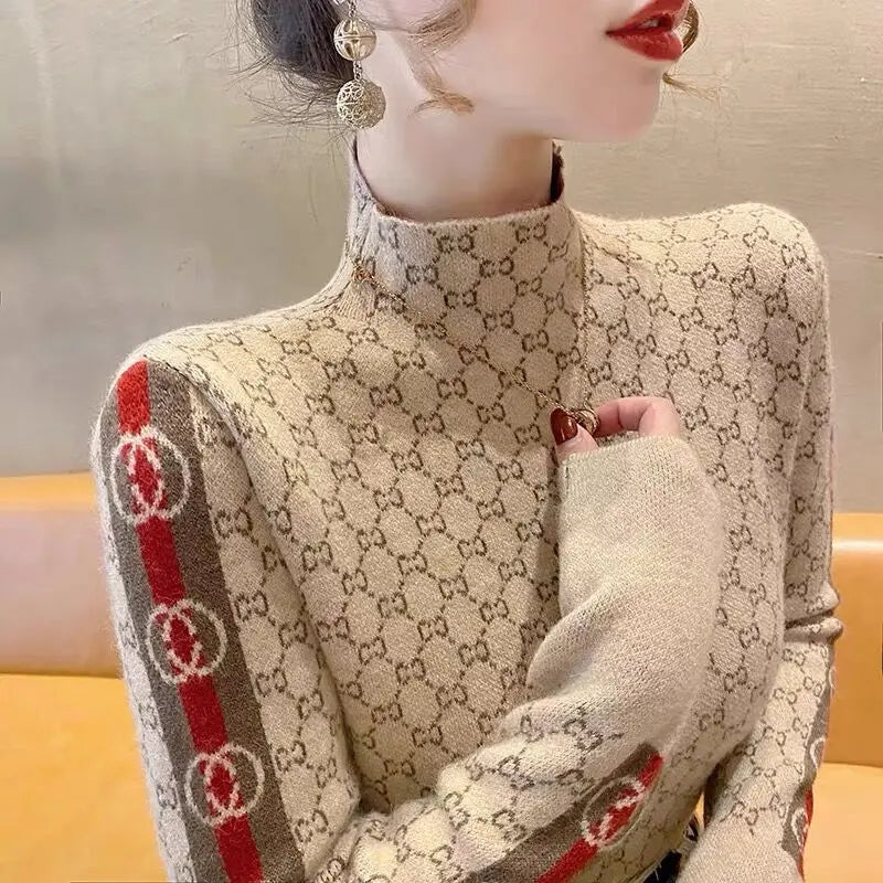 Elegant Fashion Letter Knit Pullover Autumn All-match Slim Long Sleeve Half High Collar Pullovers Lady Chic Top 3
