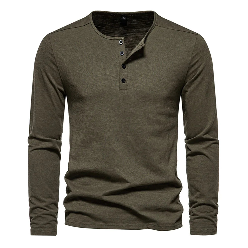 Men Long Sleeved T-shirt Cotton Slim Fit Bottoming Shirt Fitness Tops Tees Button Neck Casual Cozy Tshirt 2