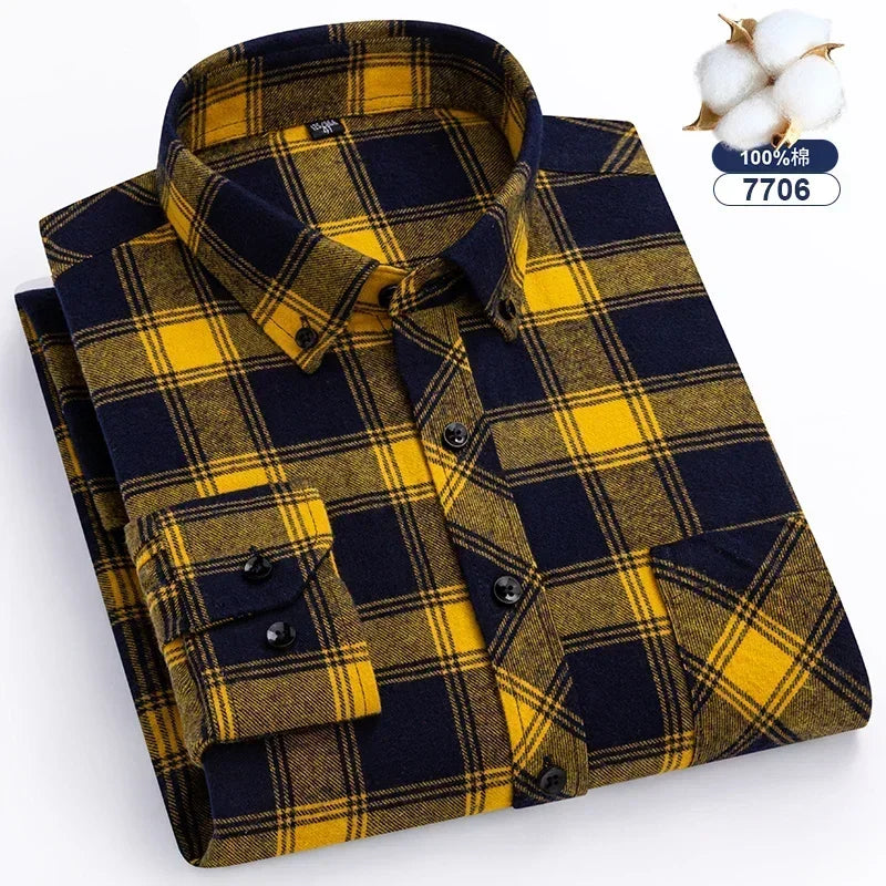 Autumn-Thick-Flannel-Shirt-Plaid-Shirts-Standard-Fit-For-Men-Long-Sleeve-Pure-Cotton-Fashion-Single