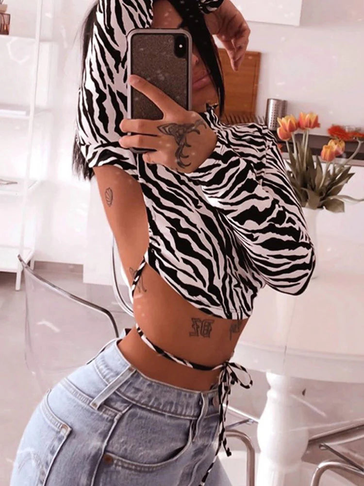 Animal Zebra Print Backless Cropped Tshirt Women Sexy Long Sleeve T-shirt Ladies Fashion Crop Tops Tees Streetwear 6