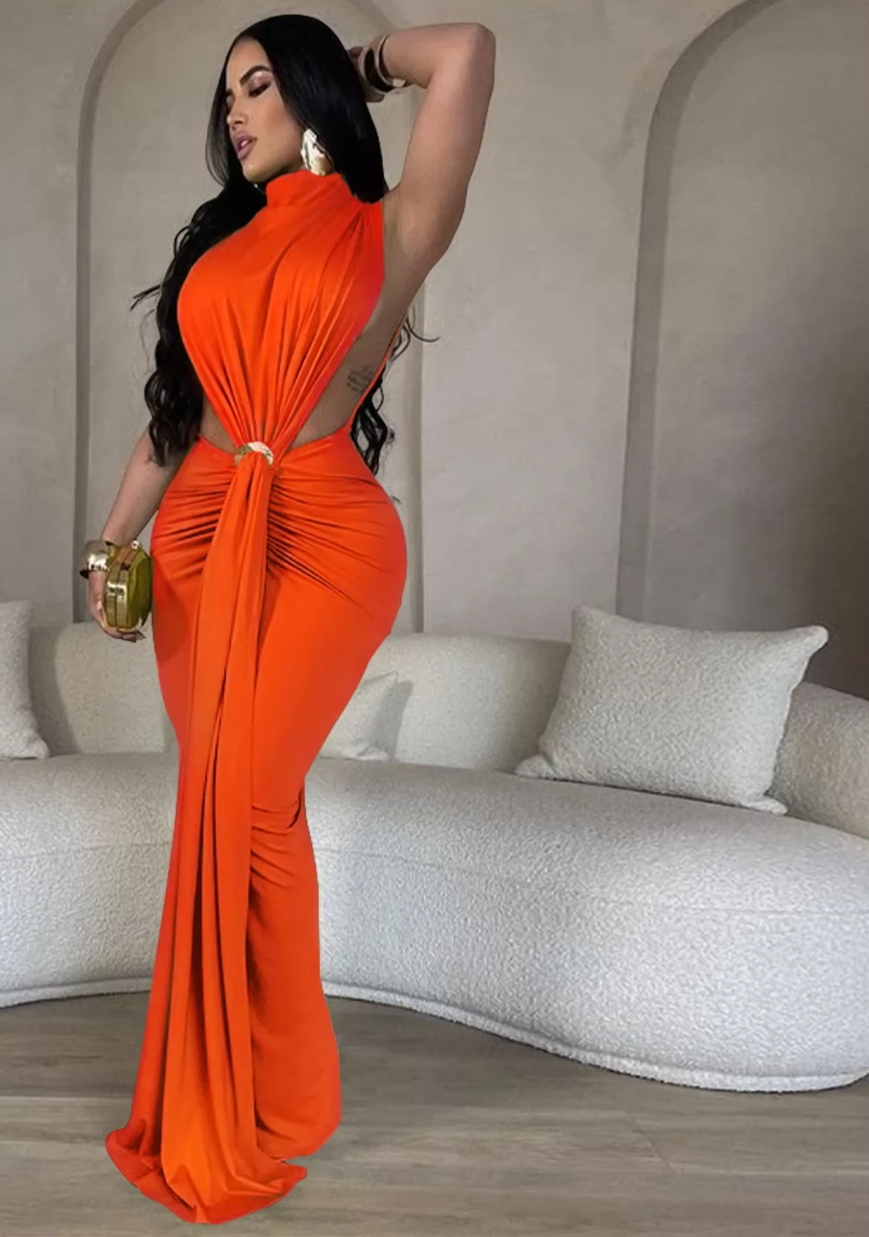 Women O-Neck High Split Ruched Stacked Bodycon Midi/Maxi Dress - Elegant Evening Party Dress 5