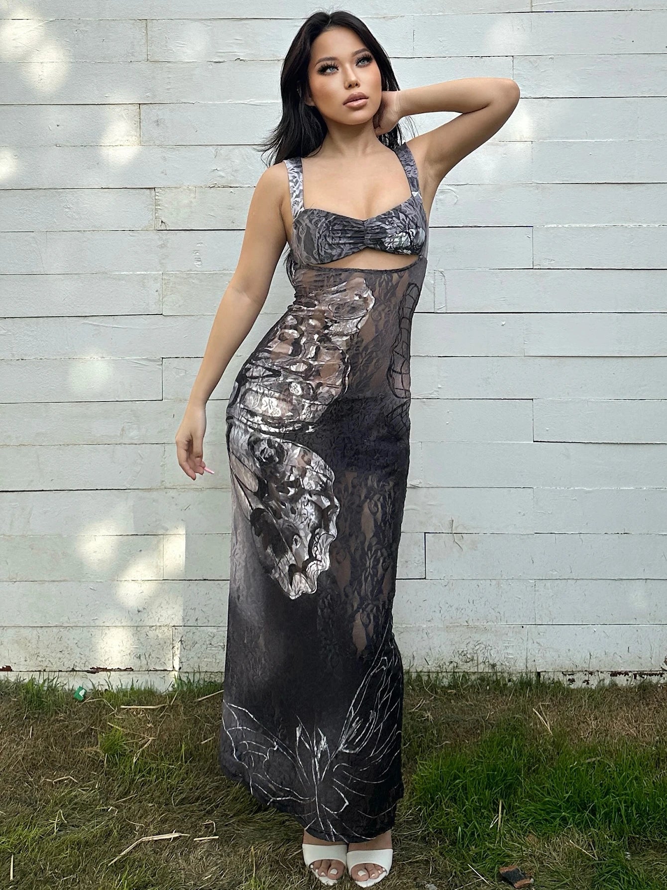 Y2K Lace Print Bandage Dress | Cut-Out Maxi Bodycon for Party & Club