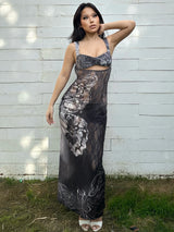 Y2K Lace Print Bandage Dress | Cut-Out Maxi Bodycon for Party & Club