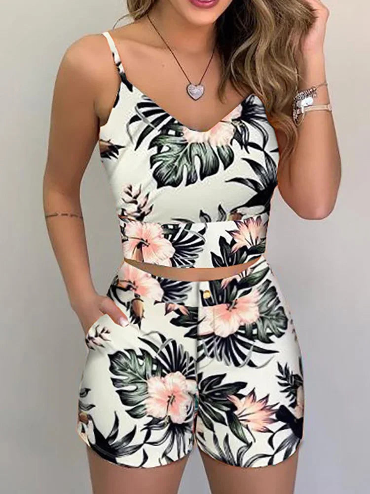 Women's Casual Summer Print Spaghetti Strap Crop Top & Short Set - 2 Piece Outfit 3