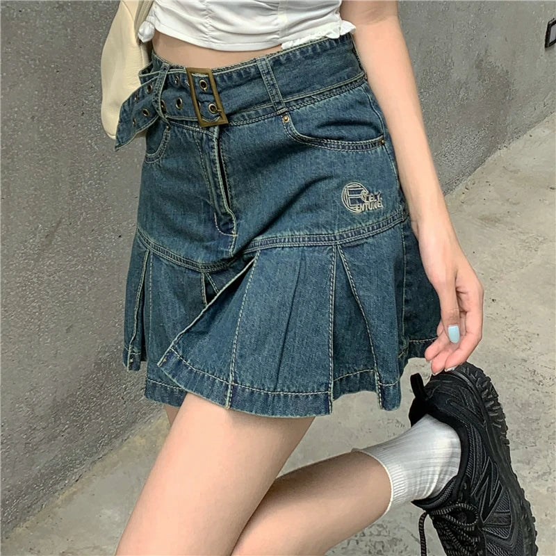 Kawaii Hot Girl Denim Skirt Womens Pleated Skirt Y2k  Fashion Casual College Style High Waist Slim Goth Mini A Word Short Skirt