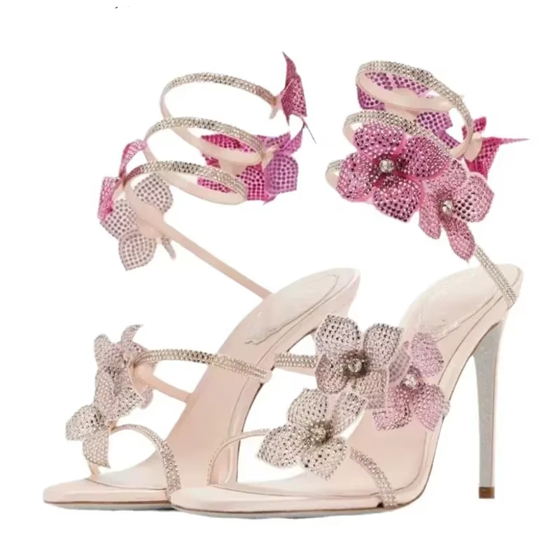 Crystal Flower Ankle Strap Heels for Women | Thin High Heel Sandals | Street Style 6