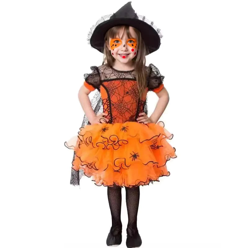 2-7Y Halloween Witch Cosplay Party Dress Cute Spider Mesh Cape Clothes Halloween Costumes for Baby Carnival Party Gifts 2