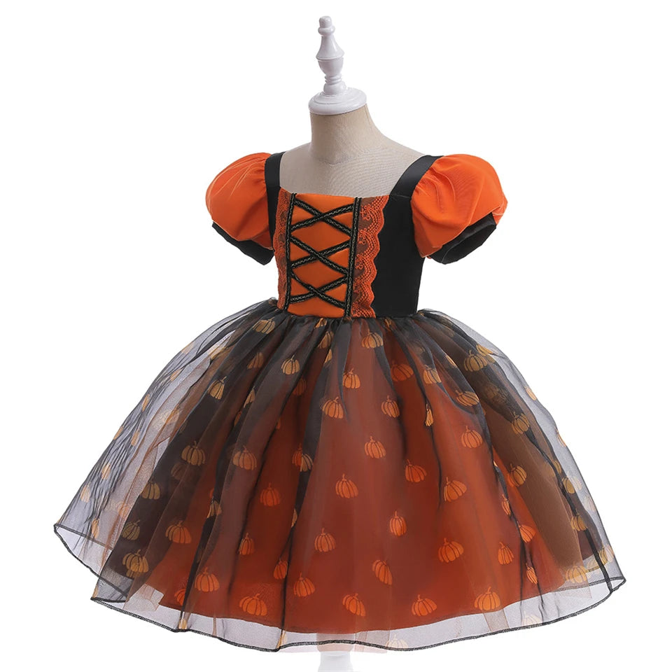 Fancy Girl Halloween Disguised Child Pumpkin Print Witch Princess Dress Children Cosplay Masquerade Party Performance Clothing 3