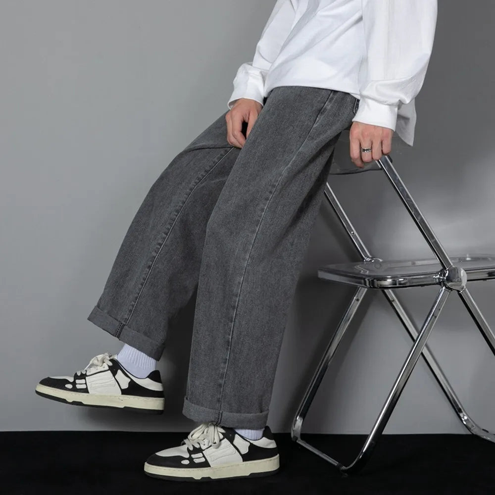 Korean Solid Colors Men's Casual Long Jeans Classic Man Four Seasons Straight Denim Wide-leg Pants Light Blue Grey Black 3XL 5