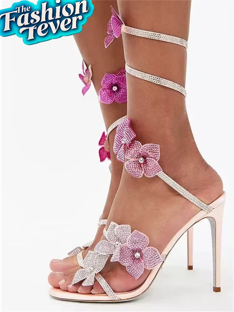 Crystal Flower Ankle Strap Heels for Women | Thin High Heel Sandals | Street Style
