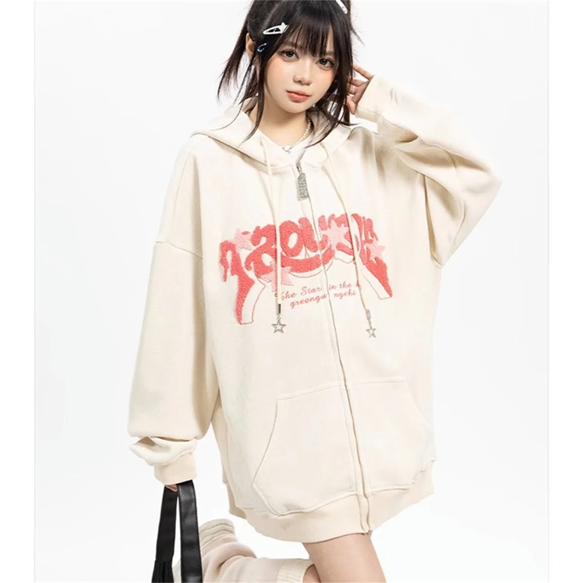 Vintage Embroidery Zip-Up Hoodie | Y2K Harajuku Oversized Sweatshirt