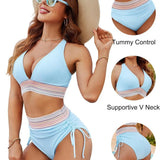 2025 Women's Shoulder High Waist Split Bikini Swimsuit Set with Chest Cushion and Adjustable Shoulder Straps 4