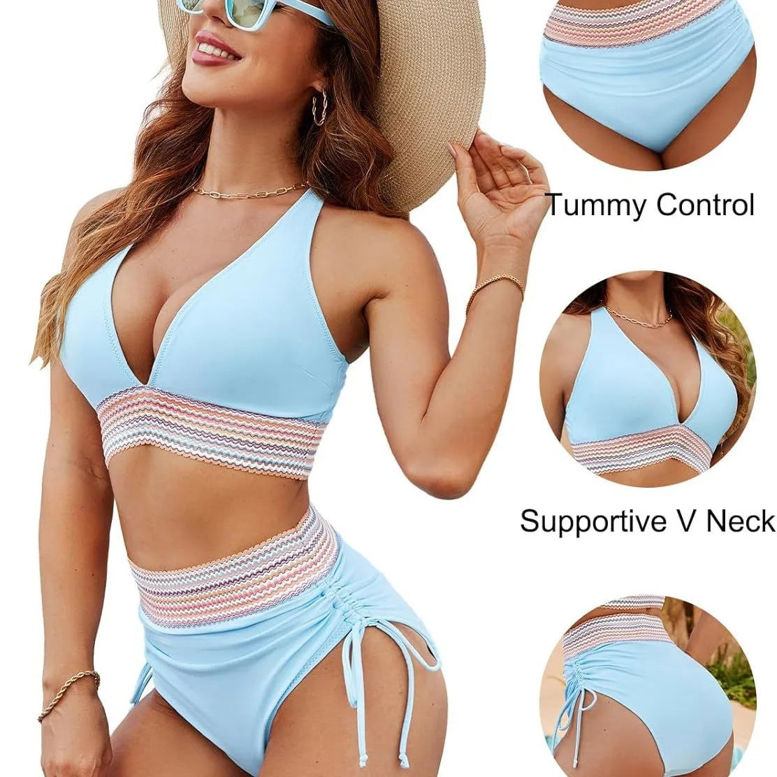 2025 Women's Shoulder High Waist Split Bikini Swimsuit Set with Chest Cushion and Adjustable Shoulder Straps 4