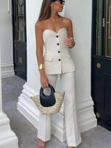 HH Women Elegant Solid Pant Suit Front Button Strapless Sexy Tank Tops + Side Slit Trouser Female Fashion Streetwear Sets 6