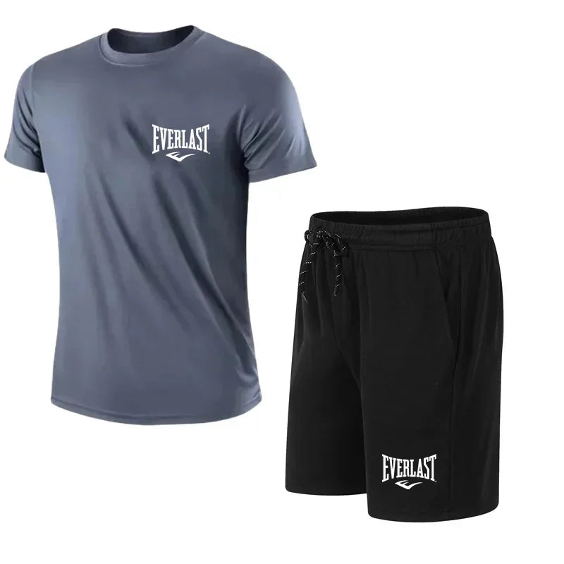 EVERLAST Men's T-shirt + Shorts 2pcs Set Leisure Breath Short Sleeve Sport Jogging Gym Brand Print Clothing