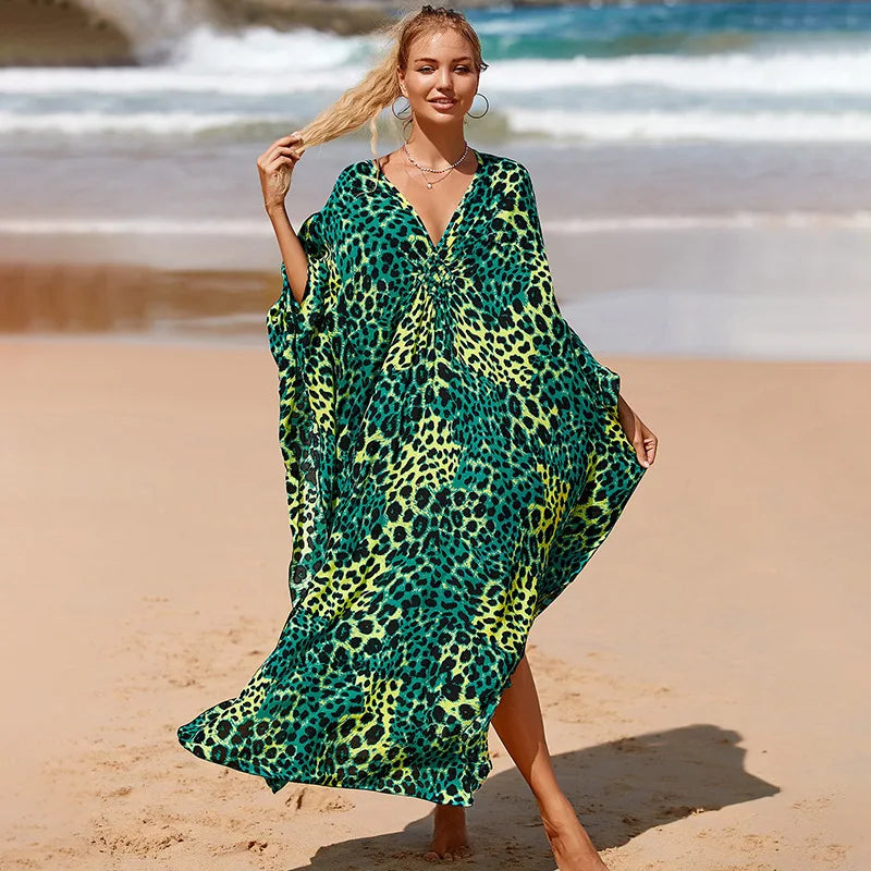 Loose Floral Pleated Kaftan Dresses for Women Wave Neck Swimsuit Cover Up Caftan
