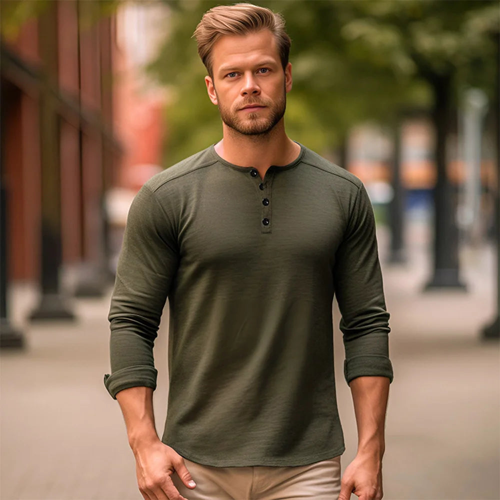 Men Long Sleeved T-shirt Cotton Slim Fit Bottoming Shirt Fitness Tops Tees Button Neck Casual Cozy Tshirt 4