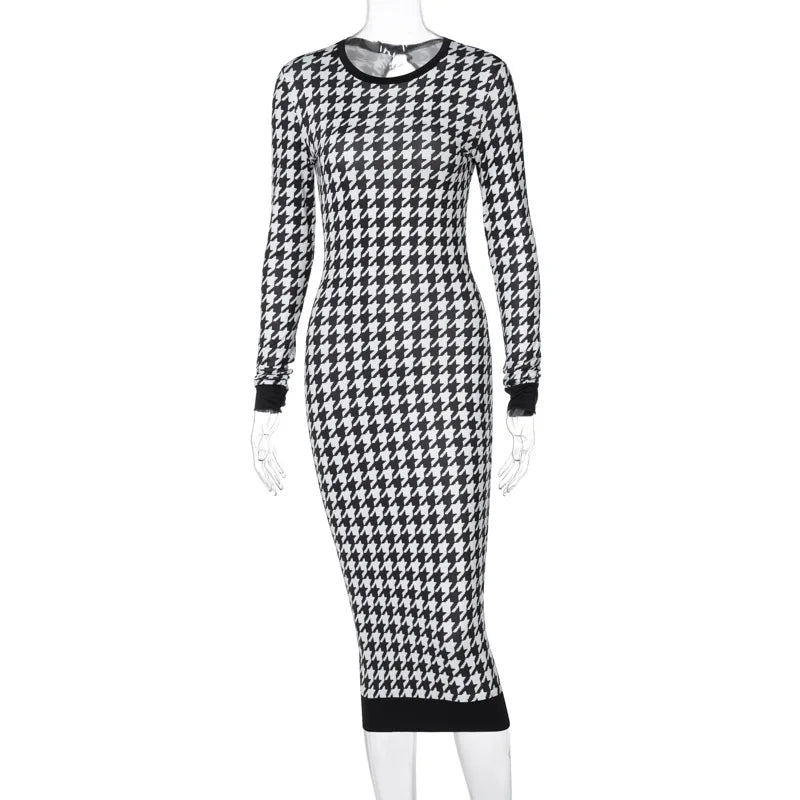 Elegant Slim Fit Houndstooth Midi Dress - Women's Long Sleeve Bodycon Streetwear for Club 5