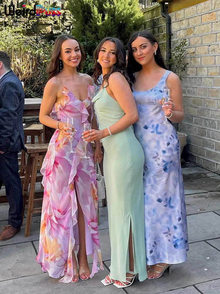 Weird Puss Flower Print Dress Woman Summer Strapless Splits Irregular Tassel Patchwork Backless Bandage Party Skinny Vestidos 4