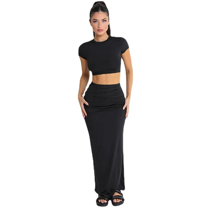Slim Crop Top Tees Long Skirts Two Piece Set For Women 2024 Summer Short Open Navel Tshirt High Waist Wrapped Skirt Casual Set 5