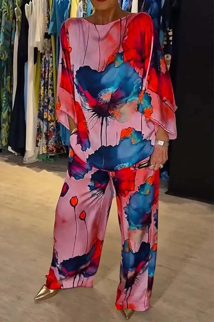 2 Piece Women's Printed Satin Pant Set - Round Neck 3/4 Sleeve Summer Outfit