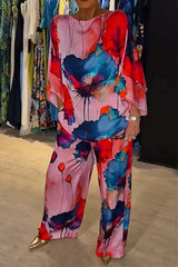 2 Piece Women's Printed Satin Pant Set - Round Neck 3/4 Sleeve Summer Outfit