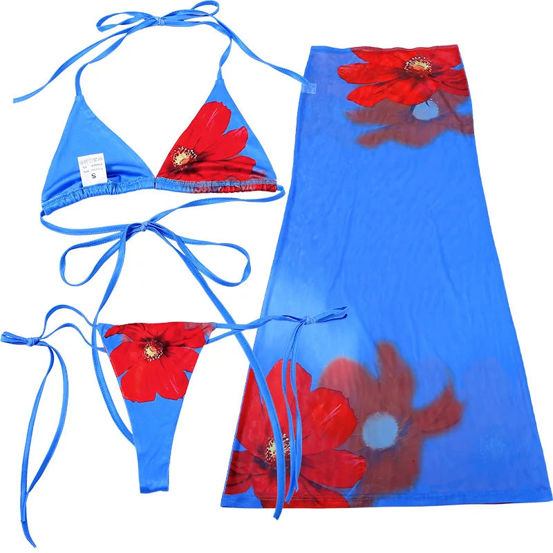 3-Piece Floral Bikini & Mesh Maxi Skirt Set
