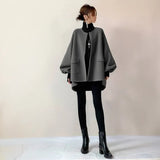 Autumn Winter New Fashion Women's Grey Solid Color Simple Basic Casual Trendy Elegant O-neck Long Sleeve Wool Cardigans Coats 3