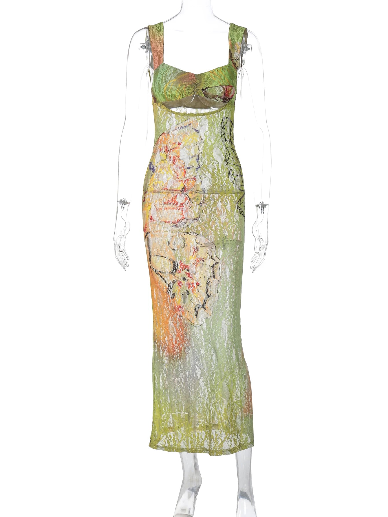 Y2K Lace Print Bandage Dress | Cut-Out Maxi Bodycon for Party & Club