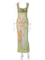 Y2K Lace Print Bandage Dress | Cut-Out Maxi Bodycon for Party & Club