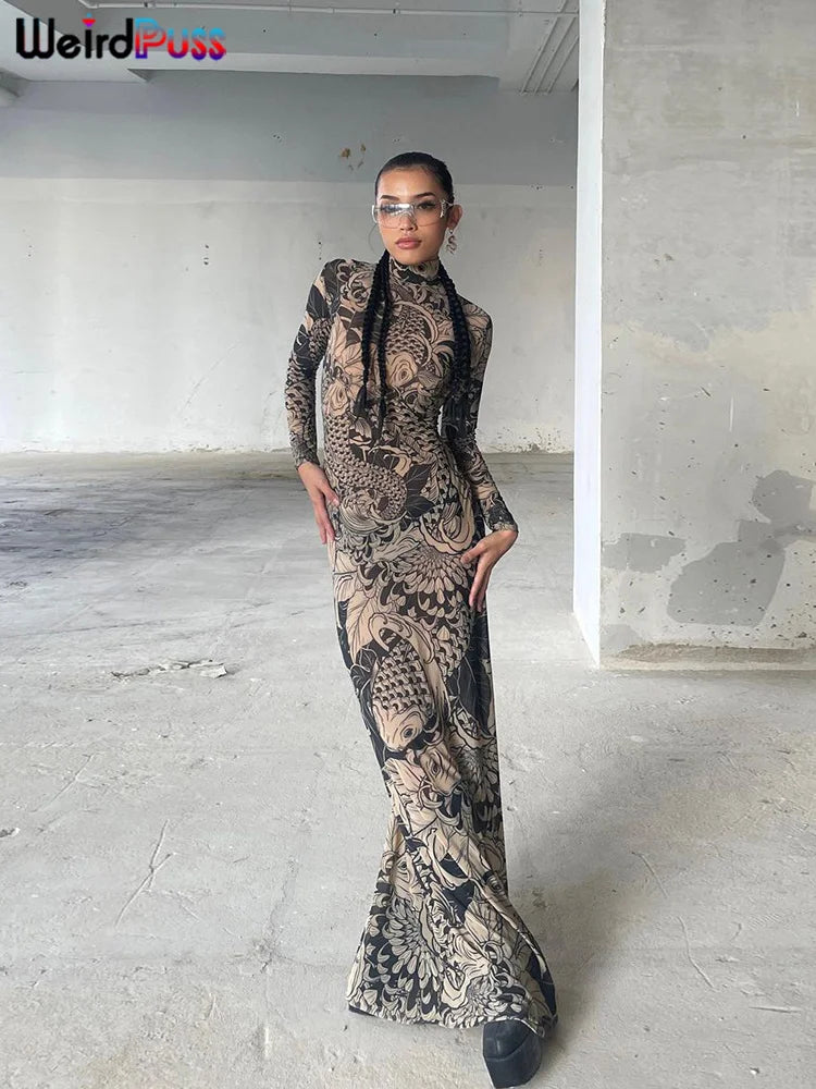 Mesh Print Women Maxi Dress Turtleneck Full Sleeve Bodycon Autumn Trendy Hipsters High Street Party Y2K Attirewear 3