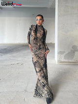 Mesh Print Women Maxi Dress Turtleneck Full Sleeve Bodycon Autumn Trendy Hipsters High Street Party Y2K Attirewear 3