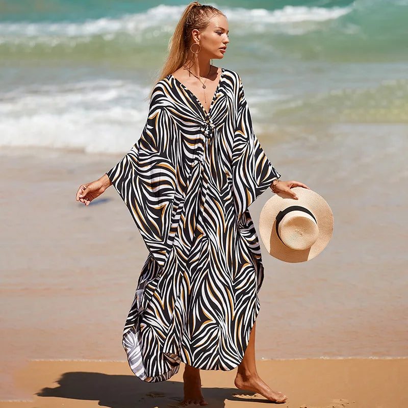 Loose Floral Pleated Kaftan Dresses for Women Wave Neck Swimsuit Cover Up Caftan