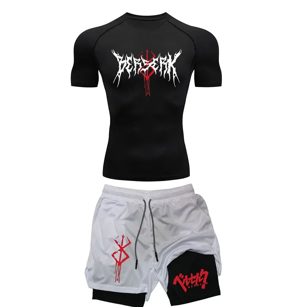Anime Berserk Compression Set Men's Workout Gym Tshirts Breathable Running Shorts Quick Dry Sports Rash Guard Sportwear Set 2