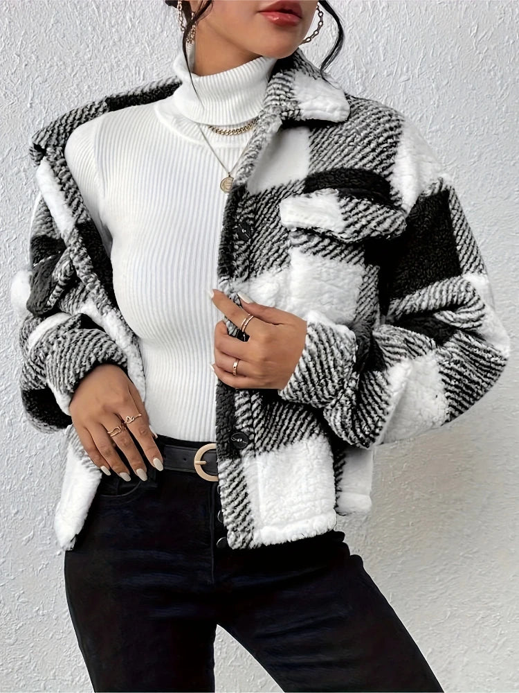 Autumn/winter Elegant Winter Coat Female Women's Urban New in Coat Plaid Pattern Lapel Button Fleece Women's Winter Coats 2