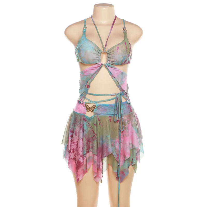 Women Y2k Ruffle Butterfly 2 Piece Outfit Sexy Fairy Backless Crop Top Wrap Mini Skirt Set Rave Festival Matching Set 6
