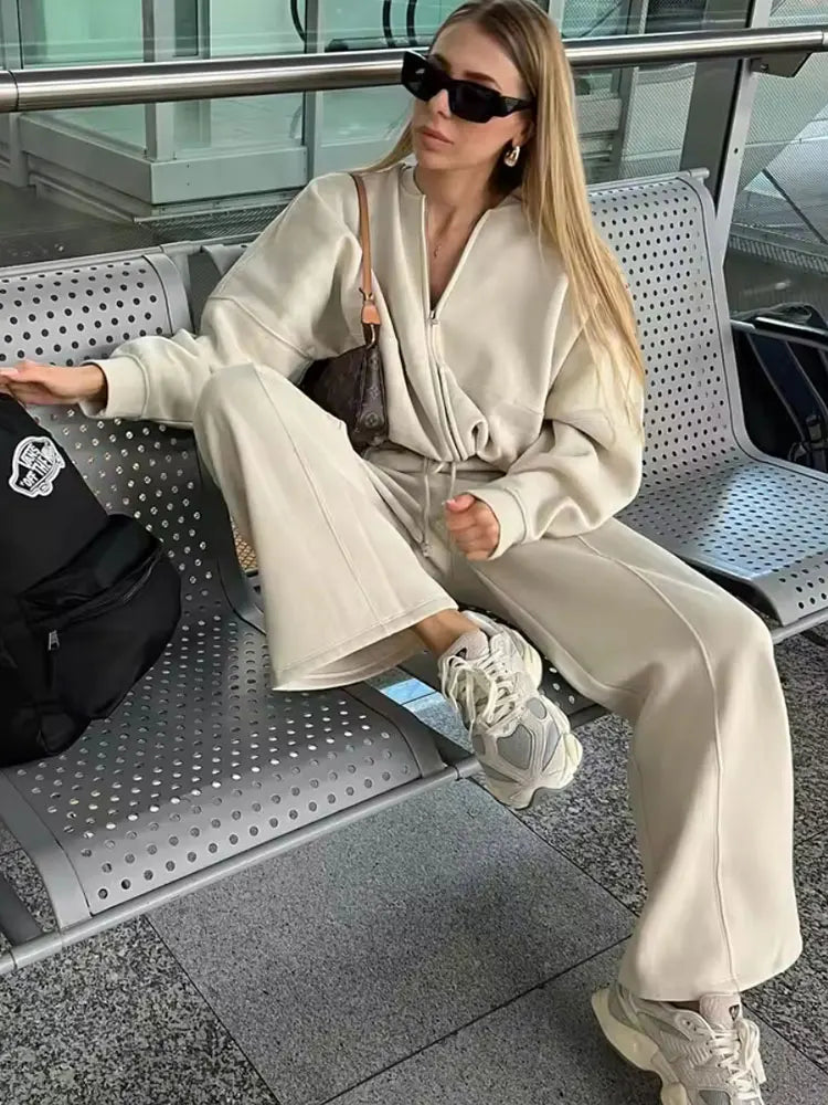 HH Women's Fall 2-Piece Retro Solid Color Zip Bomber Jacket Sweatshirt+High Waist Lace Up Women's Wide Leg Pants Street Wear 3