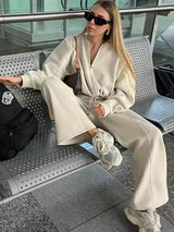 HH Women's Fall 2-Piece Retro Solid Color Zip Bomber Jacket Sweatshirt+High Waist Lace Up Women's Wide Leg Pants Street Wear 3