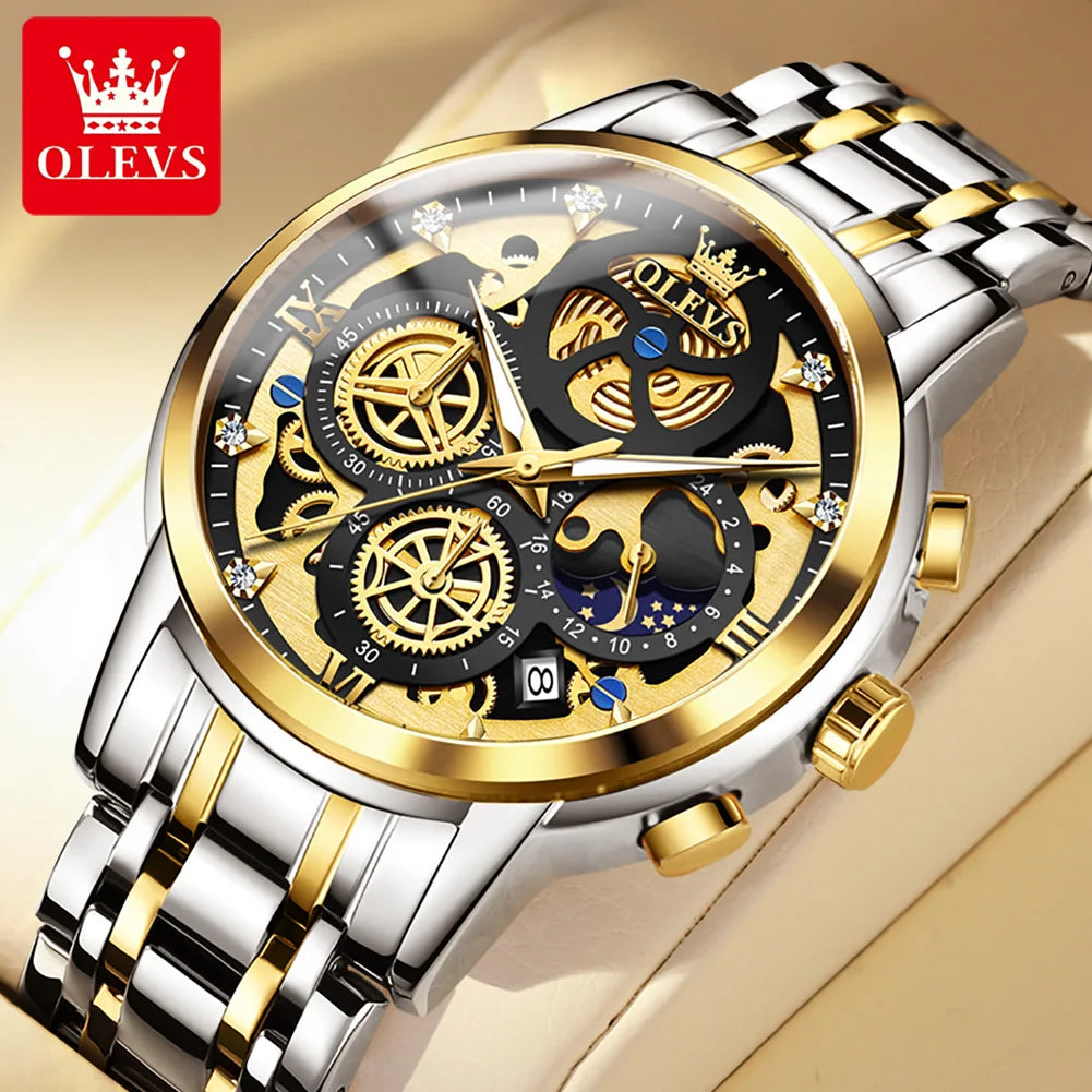 Men's Watches Top Brand Luxury Original Waterproof Quartz Watch for Man Gold Skeleton Style 24 Hour Day Night New 3