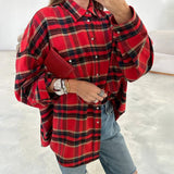 FSMG-Versatile Plaid Shirt For Women, Red Bright Grid, Oversized Blouse, Leisure And Fashionable Top, Spring And Autumn Seasons 2